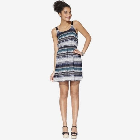 Gray navy and turquoise watercolor stripe sundress size XS - Picture 1 of 5